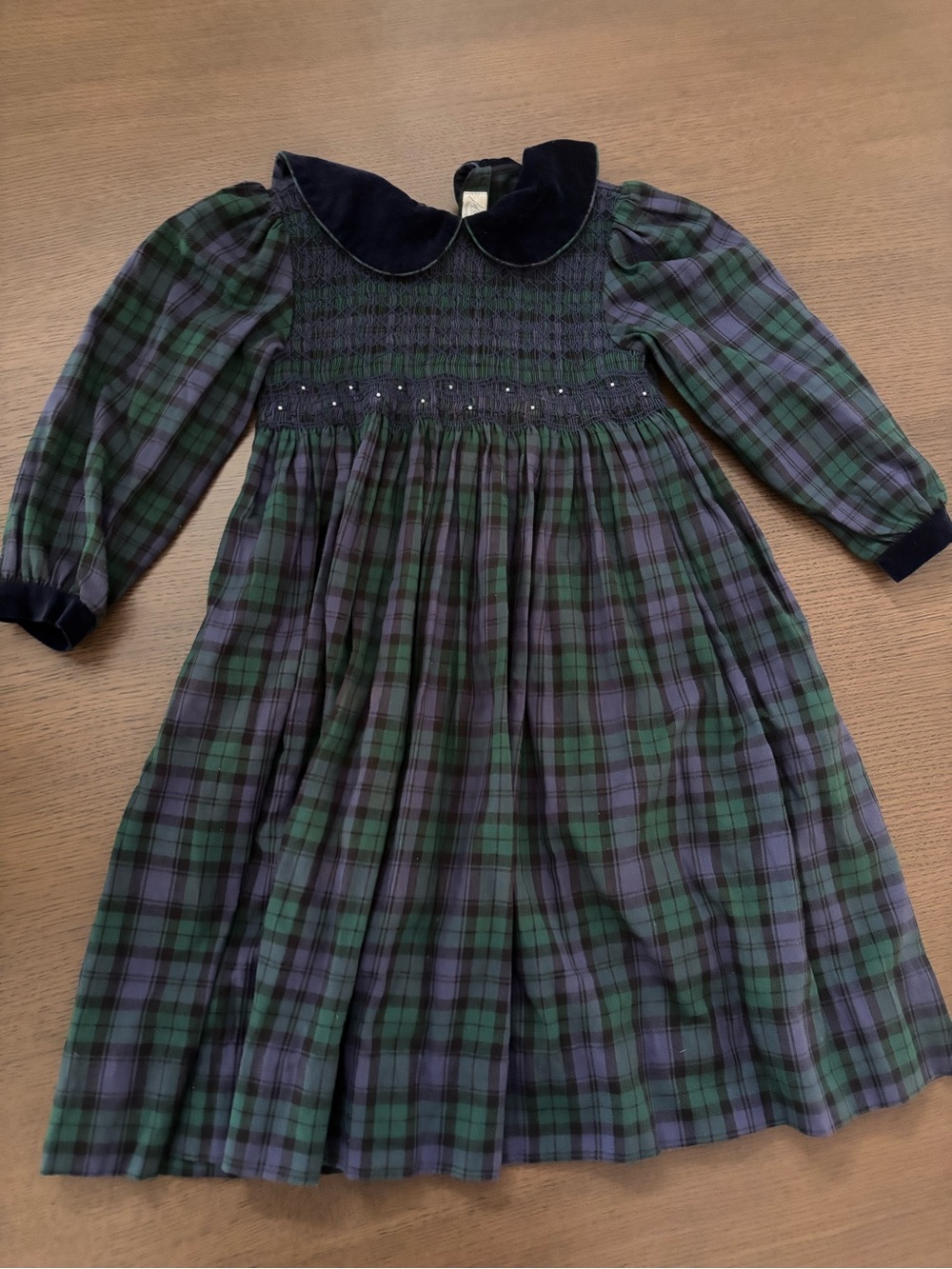 Lord & Taylor Girls Green and Navy Plaid Smocked Dress vintage